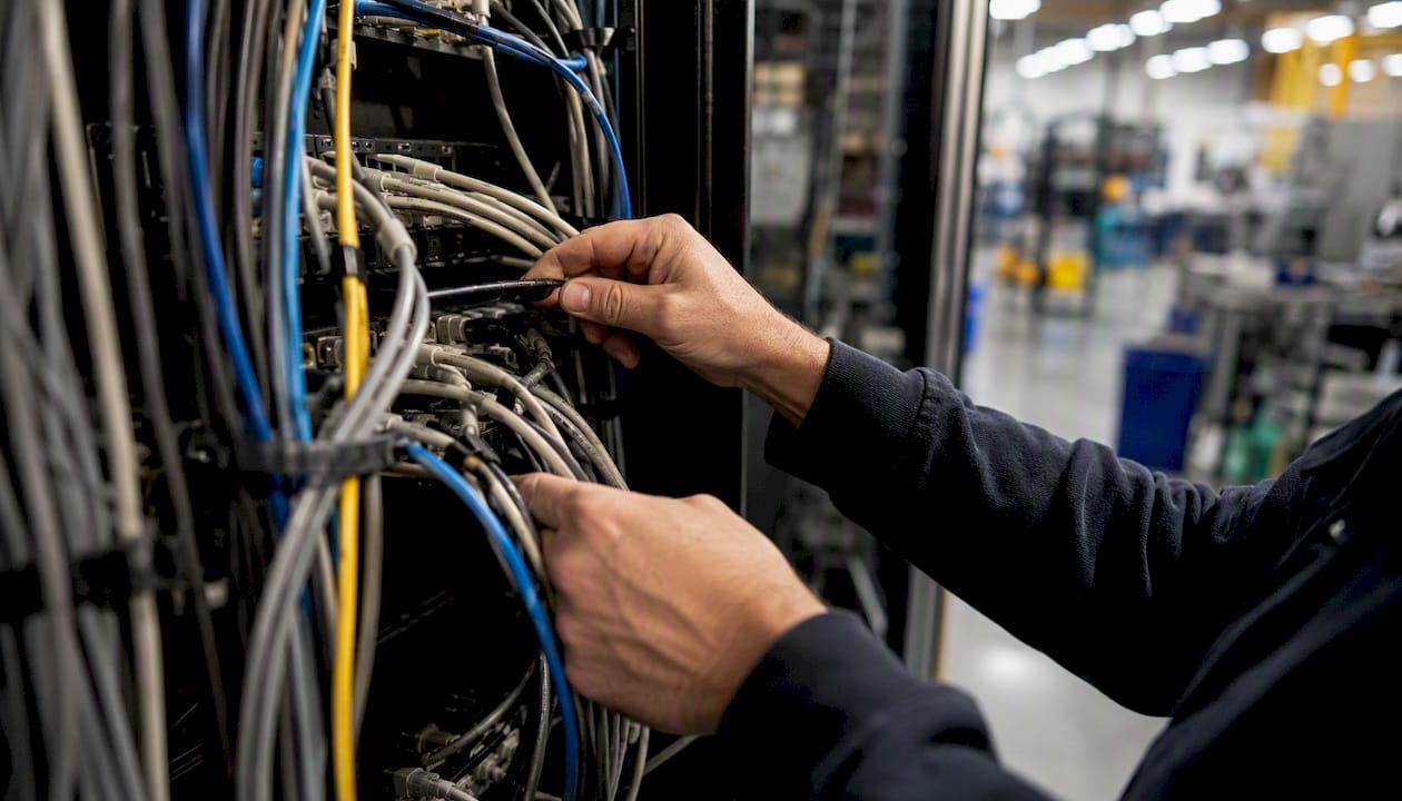 Hands inspecting industrial network cables closely