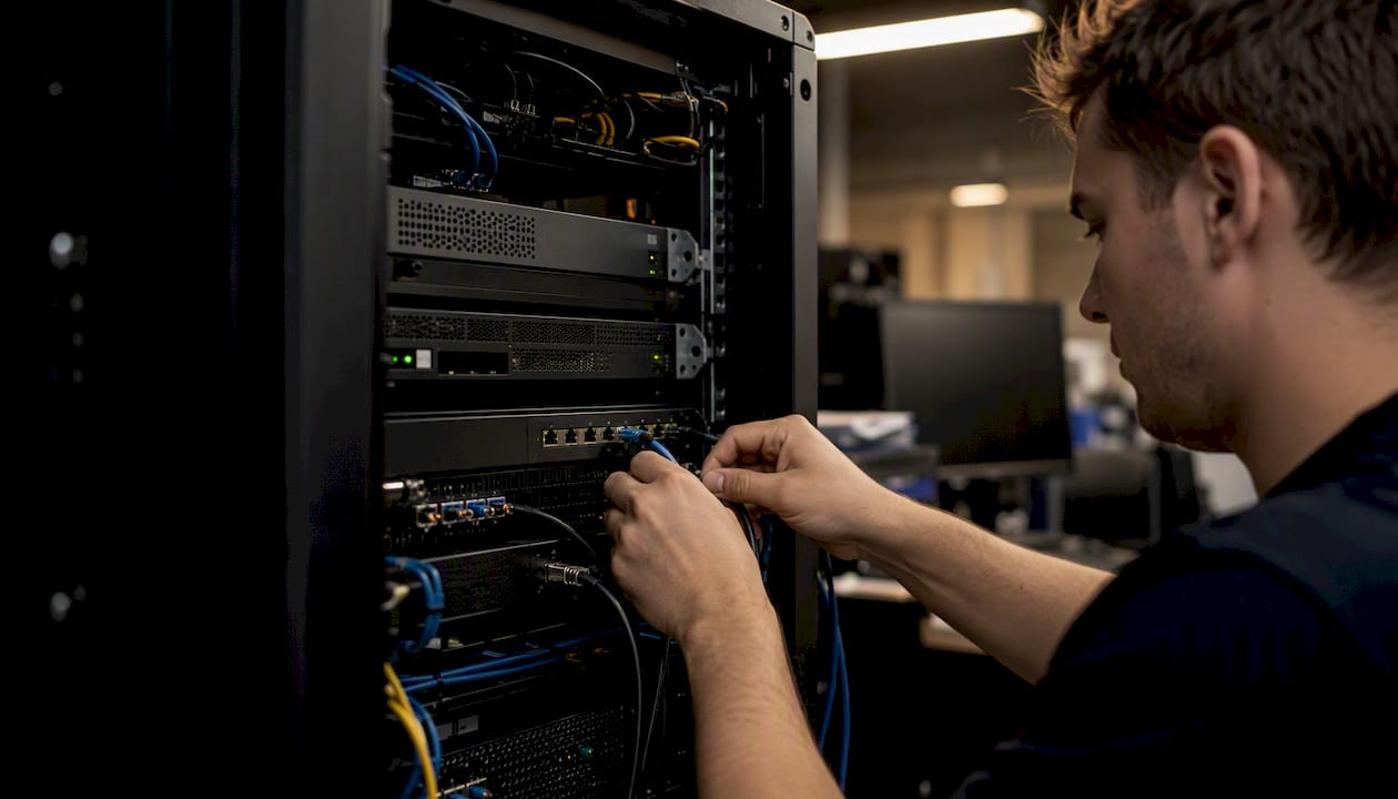 Hands securing cables on cybersecurity hardware rack