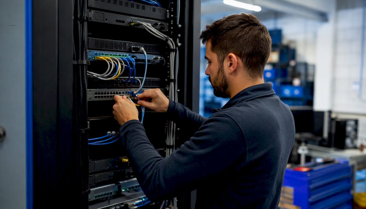 Technician hands adjusting network equipment
