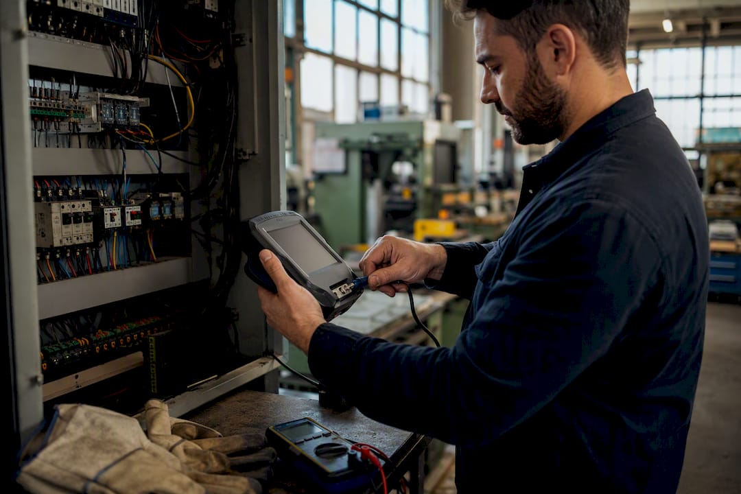 Hands unplugging portable diagnostic tool in factory