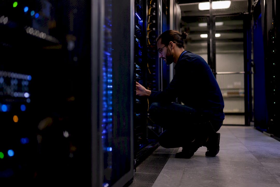 Glowing security hardware in server room