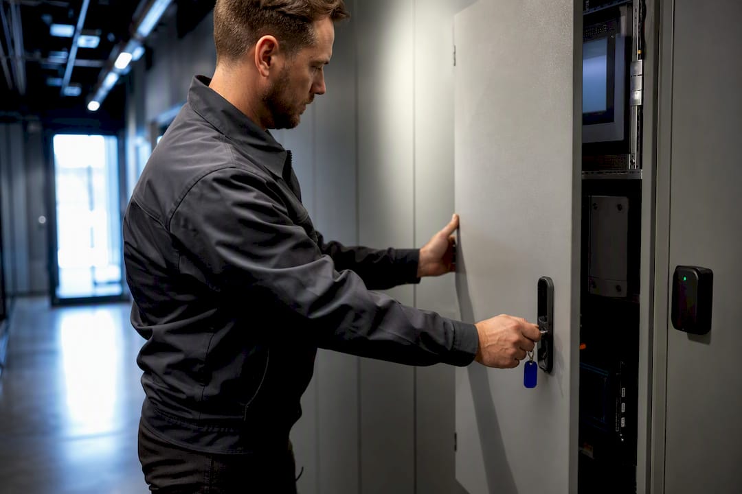 Technician locking an industrial control enclosure