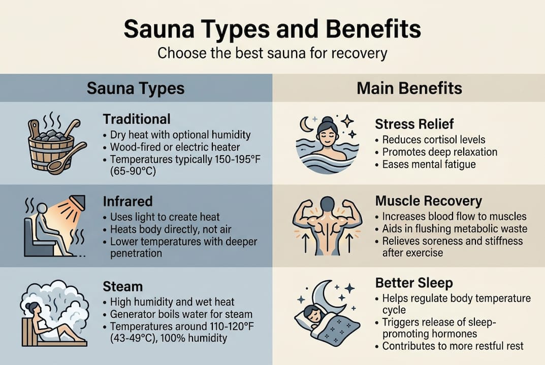 Infographic with sauna types and main benefits