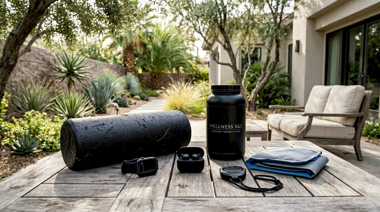 Variety of athlete recovery tools neatly arranged