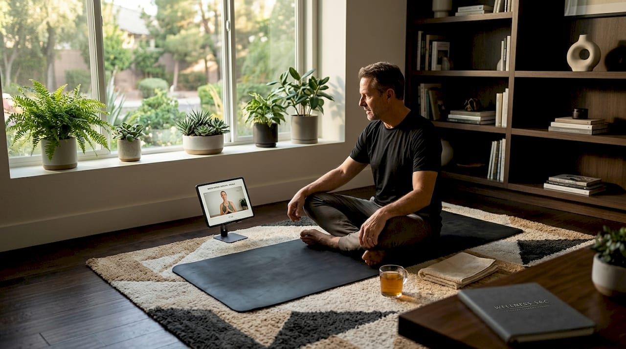 Man practicing guided wellness breathing exercises at home