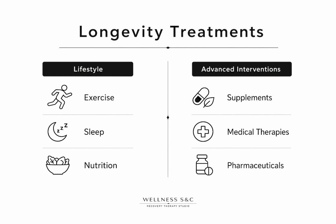 Infographic comparing lifestyle and advanced longevity treatments