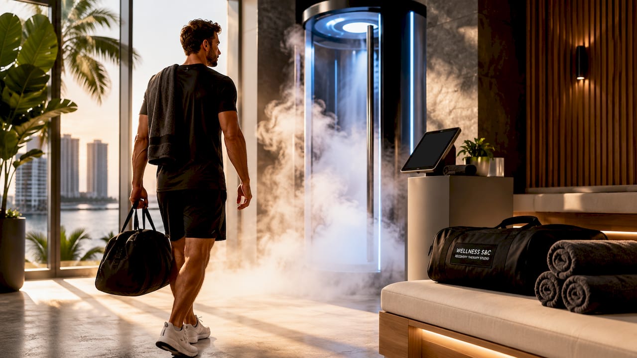 Athletic man approaching cryotherapy chamber