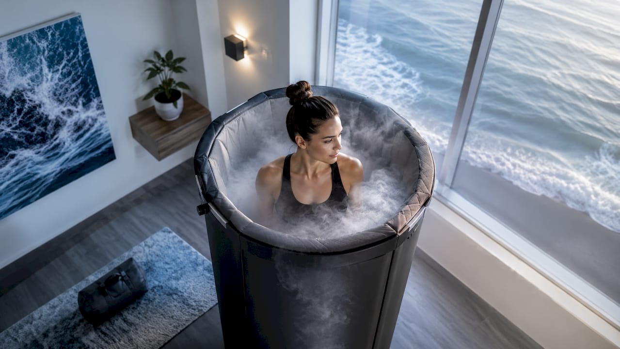 Athletic woman in cryotherapy chamber relaxing