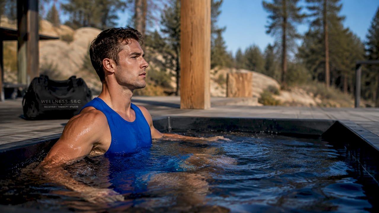 Athlete entering cold plunge in luxury spa