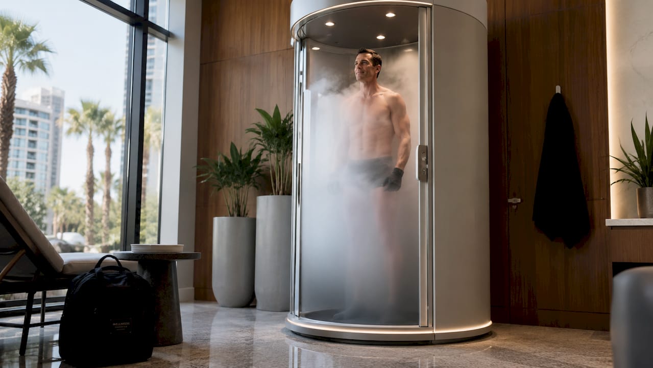 Athletic man using cryotherapy chamber in luxury spa