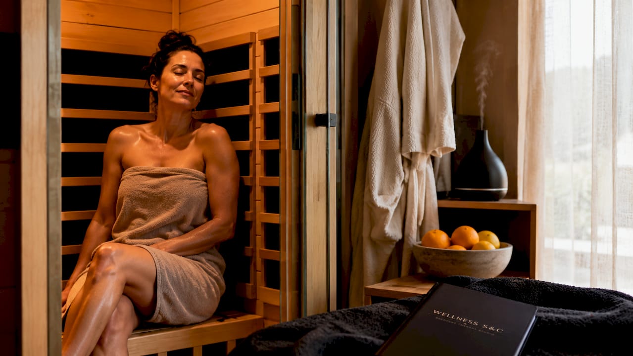 Athletic adult relaxing in luxury infrared sauna
