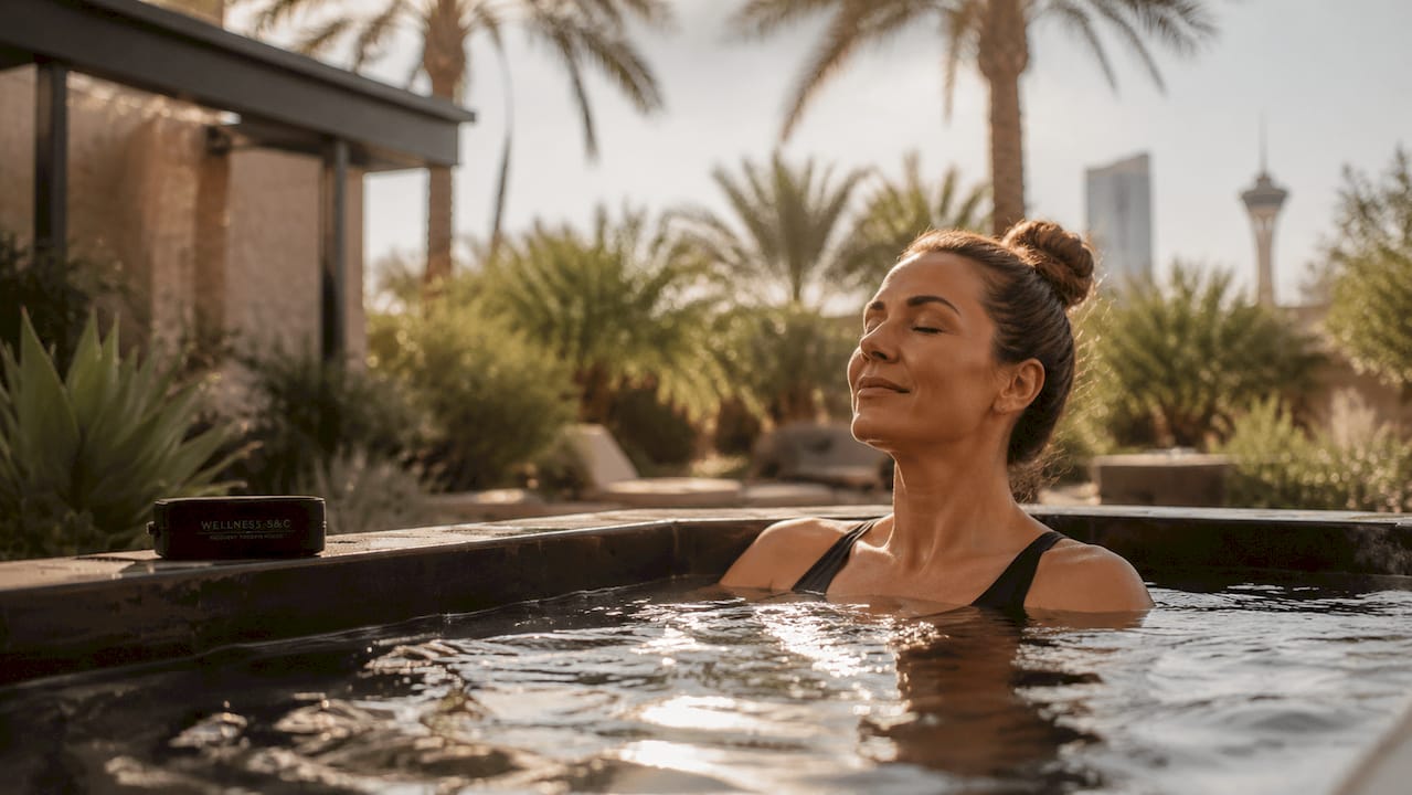 Woman relaxing in cold plunge pool at wellness center