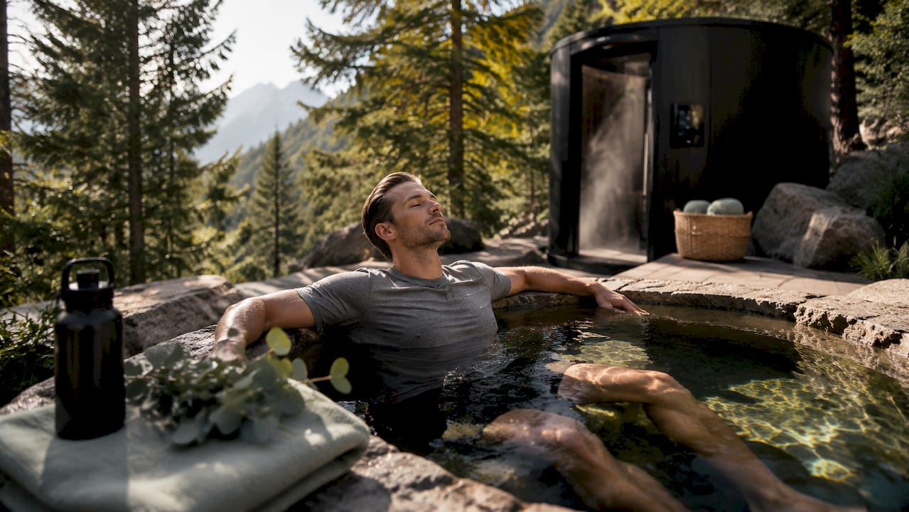 Athlete relaxing in cold plunge pool at wellness center