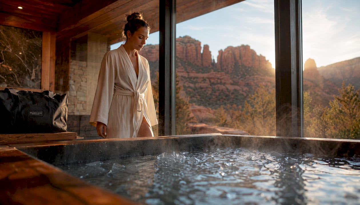Athletic man preparing for cold plunge therapy indoors