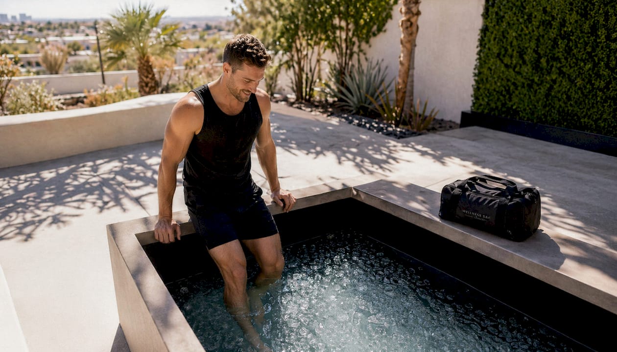 Man relaxing by cold plunge pool indoors