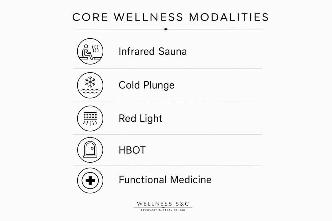 Infographic showing core wellness modalities in vertical flow