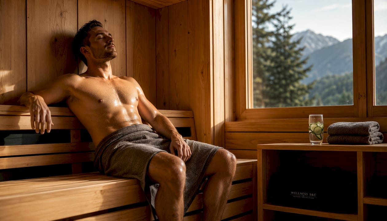 Relaxed person inside infrared sauna cabin