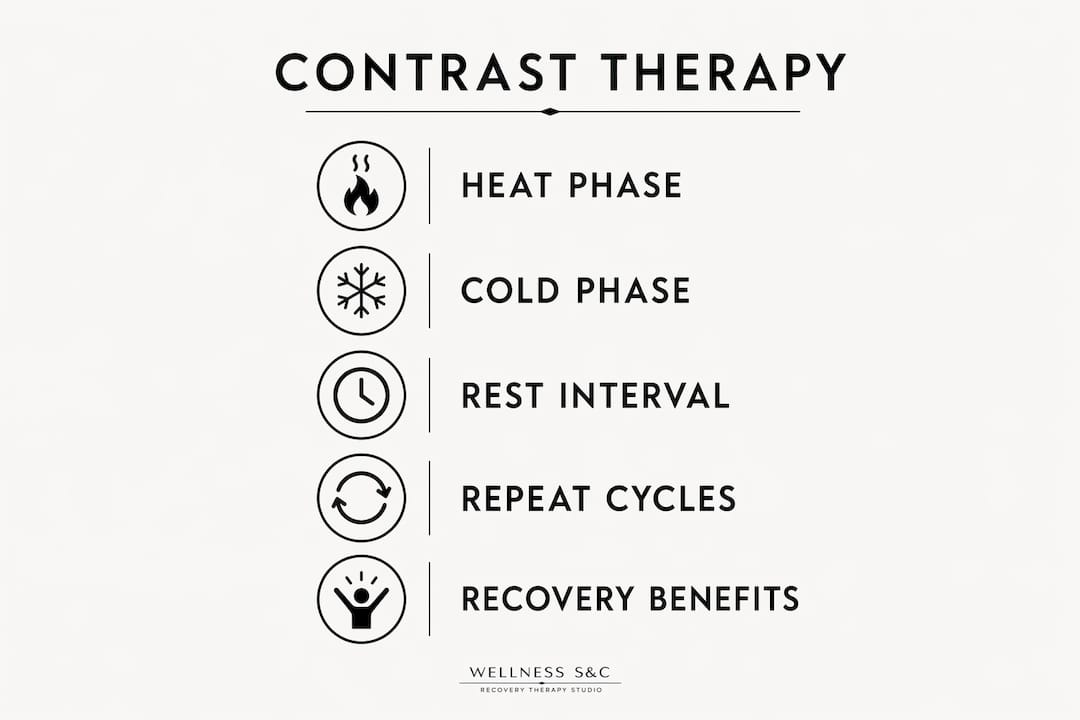 Infographic showing steps and benefits of contrast therapy