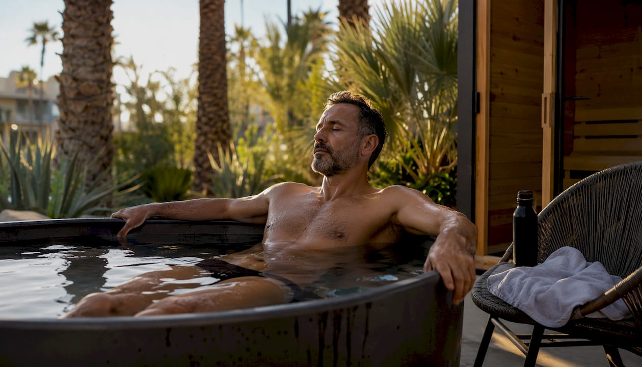 Man using cold plunge next to sauna