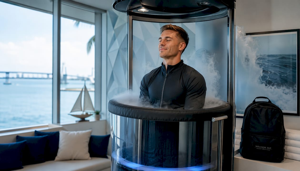 Athletic person in cryo chamber relaxing