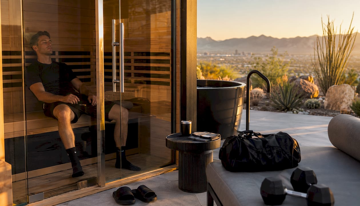 Male athlete relaxing inside infrared sauna