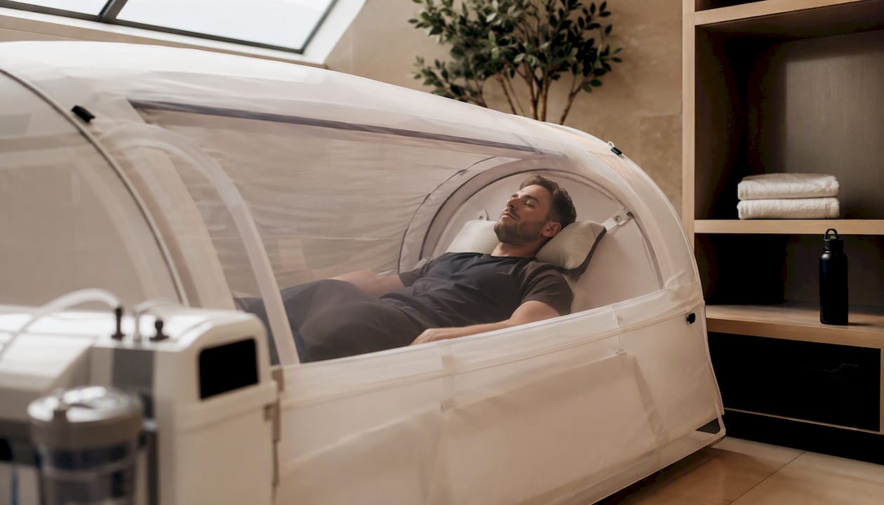 Person inside mild hyperbaric chamber at wellness center