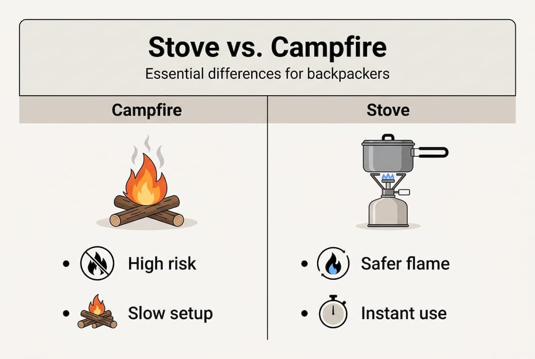 Infographic comparing stove and campfire for camping
