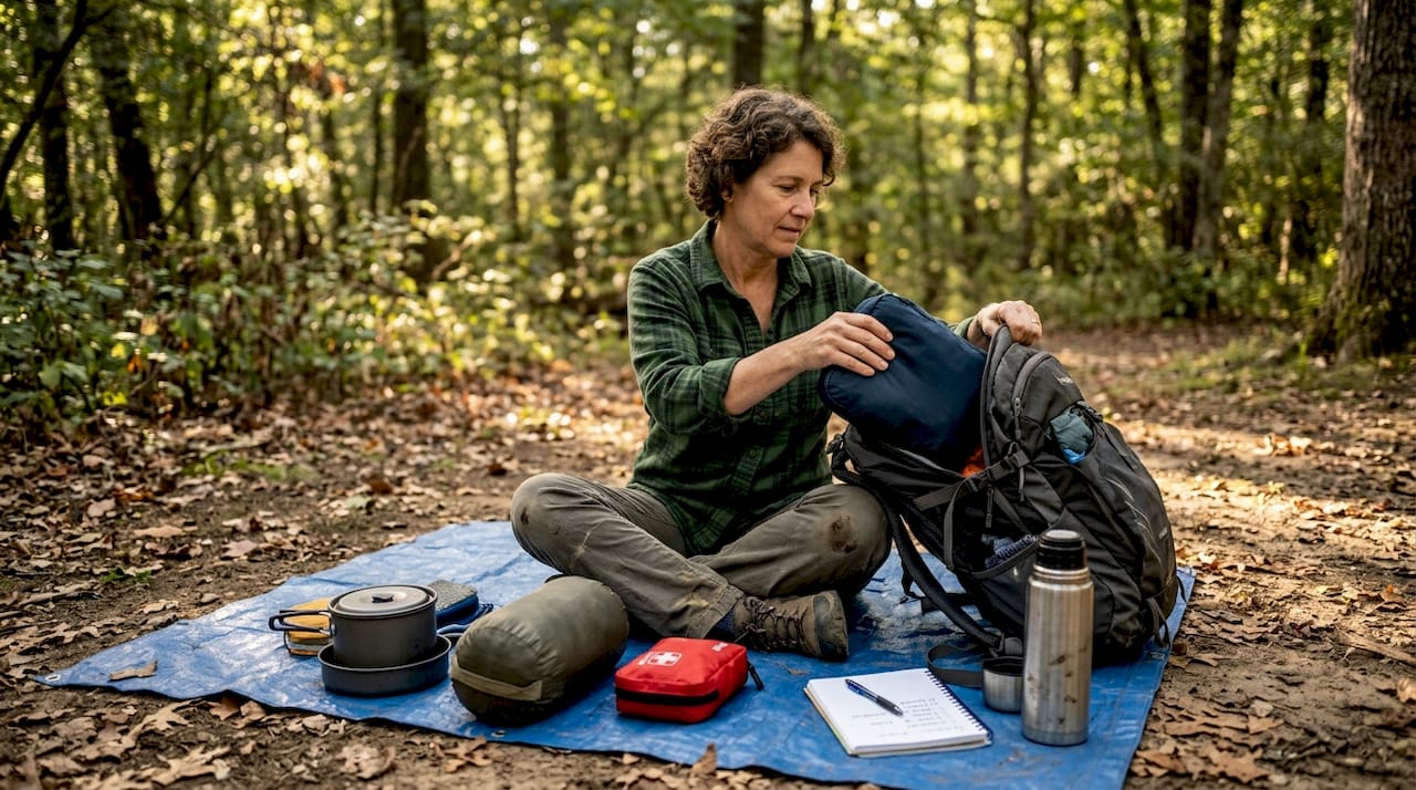 Camper sorting and packing hiking gear