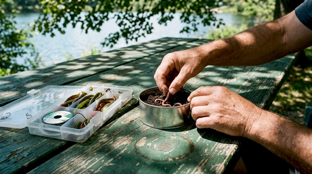 Hands preparing live bait at tackle table
