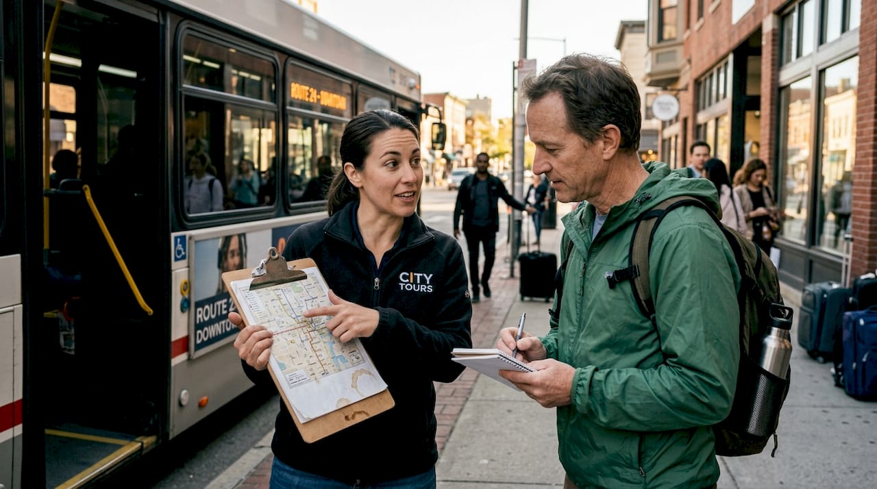 Tour guide giving safety briefing to solo traveler