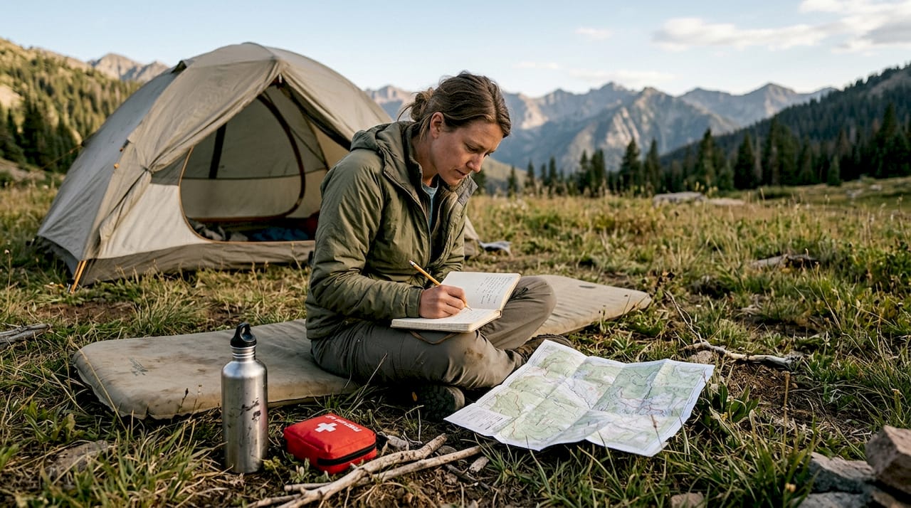 Camper planning route with map and notebook