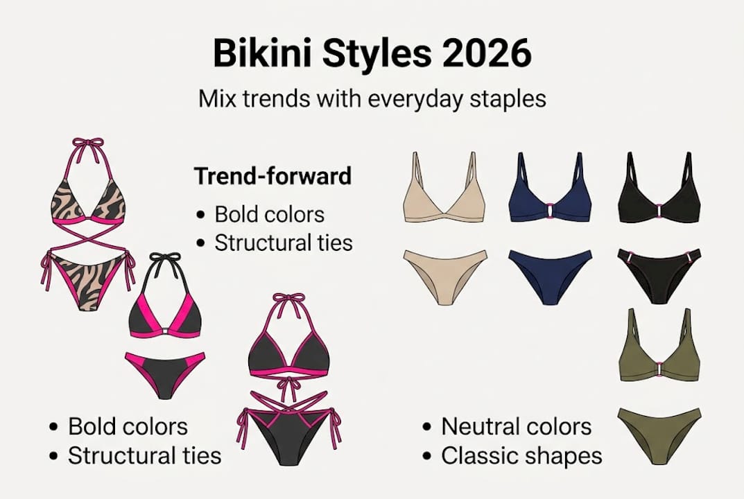 Infographic showing 2026 bikini trends and staples