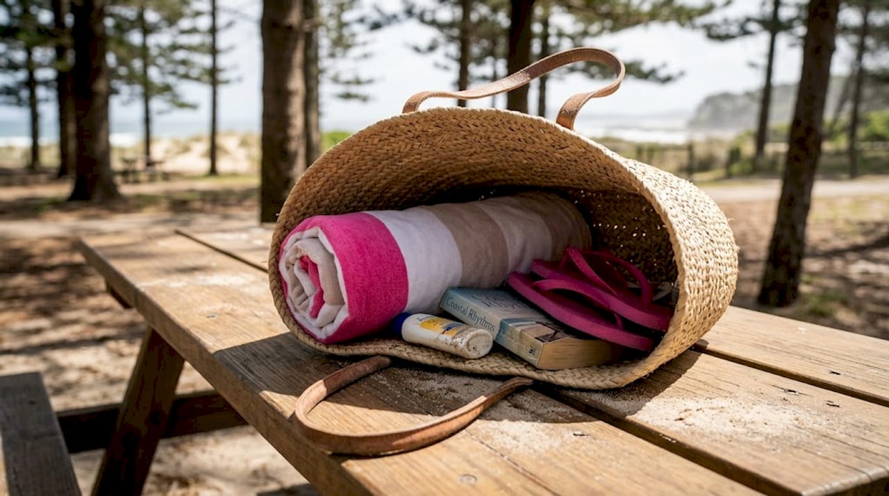 Raffia tote with beach essentials on bench
