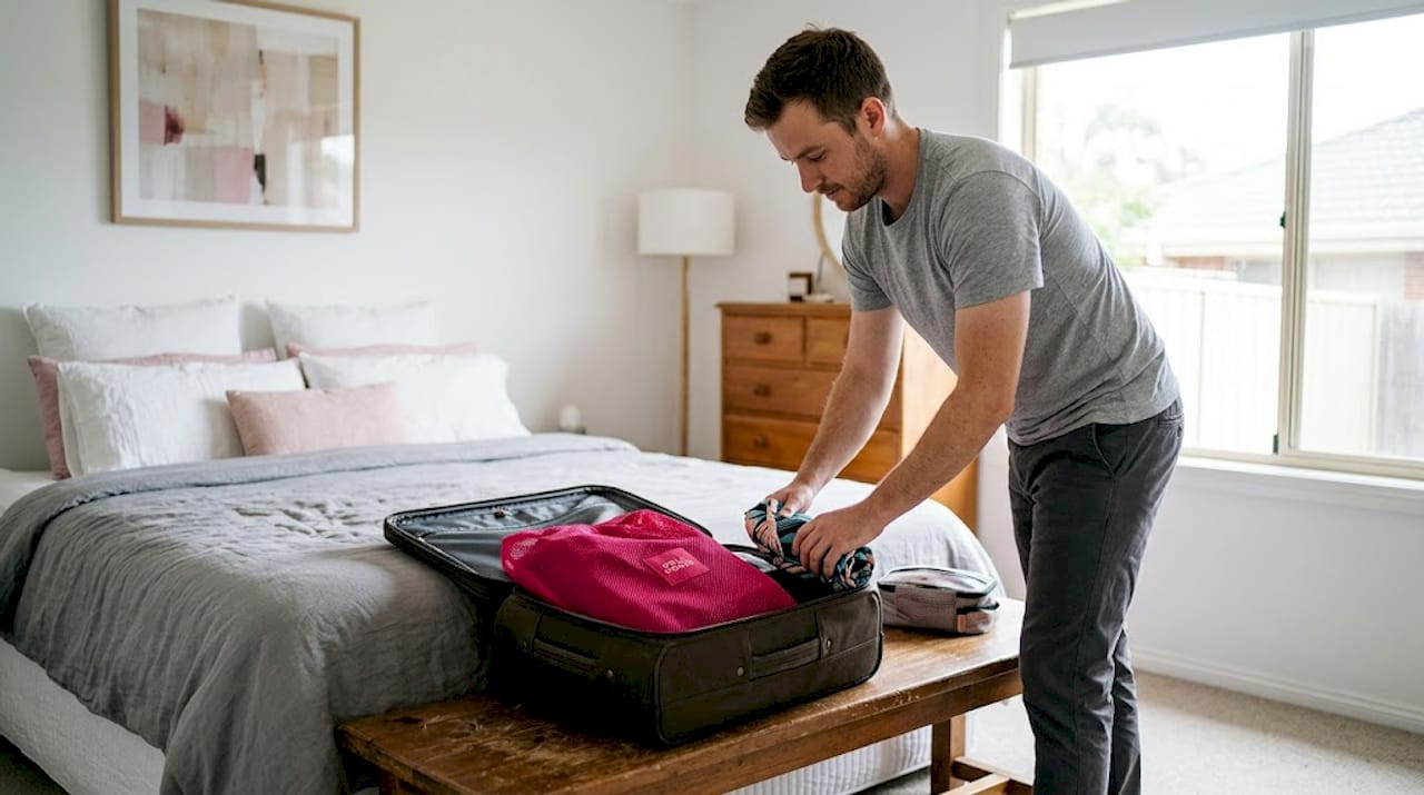 Man rolls swimsuit for efficient suitcase packing