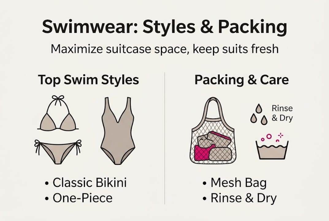 Infographic with swimwear styles and packing care tips