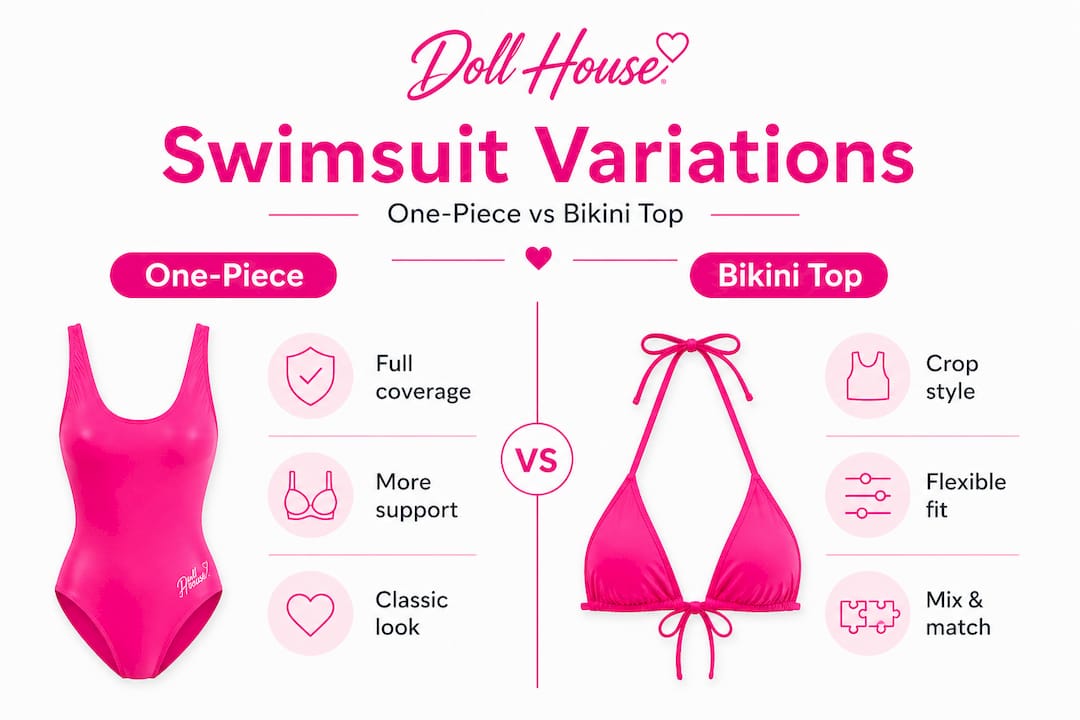 Infographic comparing one-piece and bikini top swimsuit features