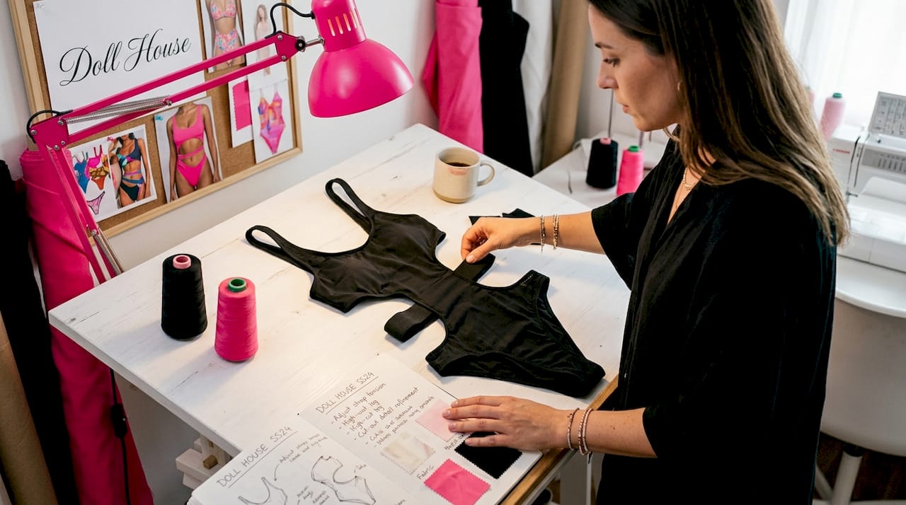 Designer adjusts monokini details on drafting table