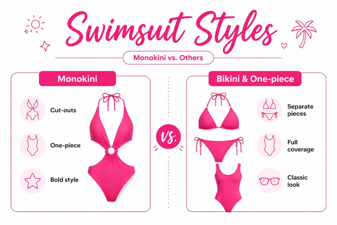 Infographic comparing monokini, bikini, and one-piece