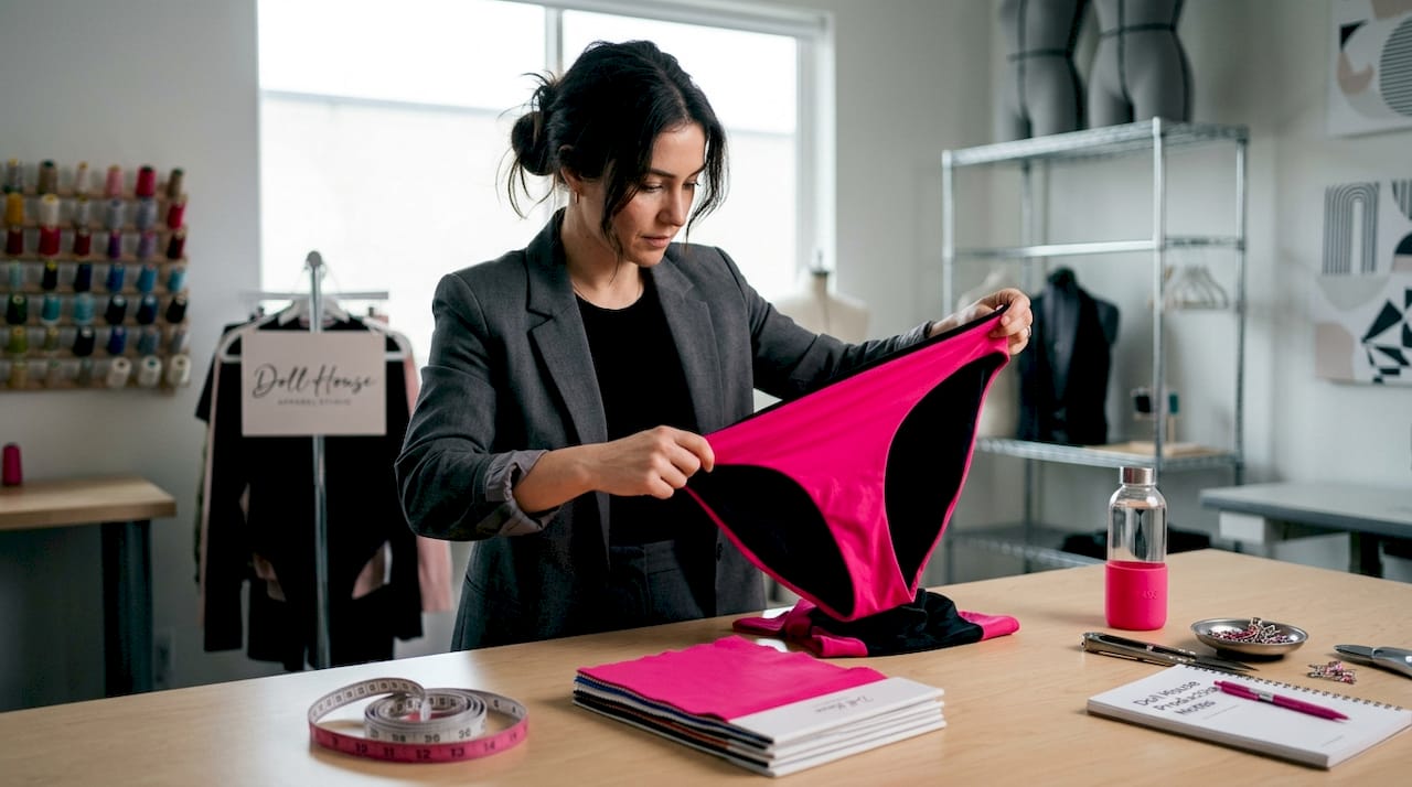 Inspector stretching sporty swimsuit fabric at studio