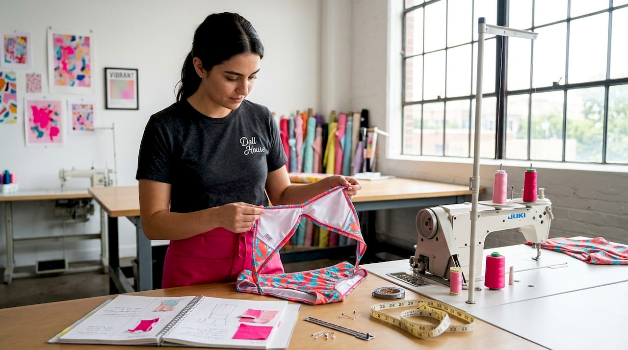 Apparel specialist examining bikini top seamwork