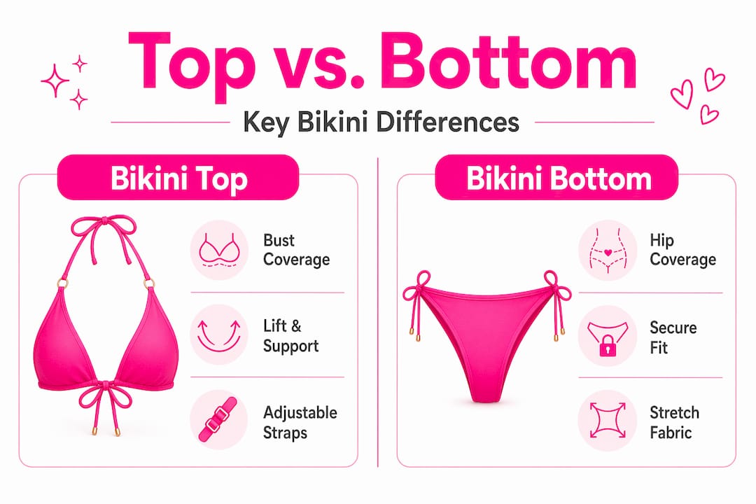 Infographic comparing bikini top and bottom features