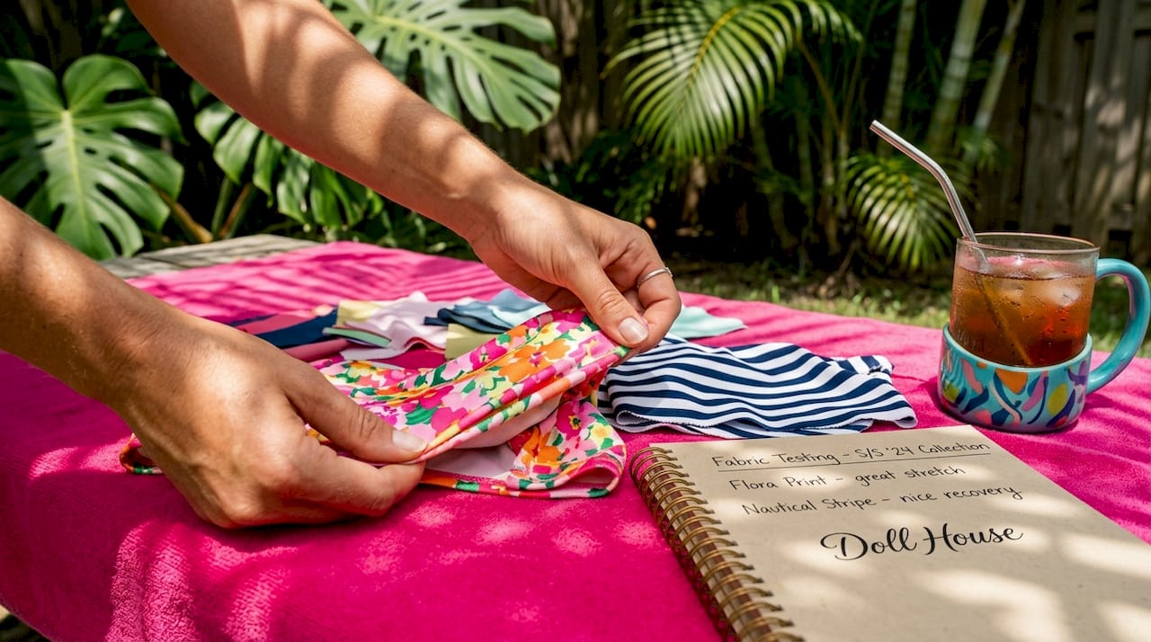 Hands comparing swimsuit fabric samples