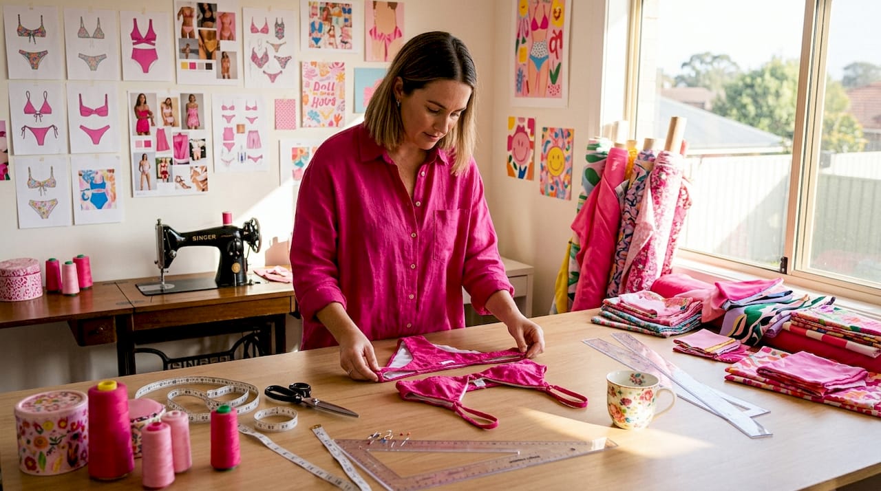 Designer checking matching bikini set in studio