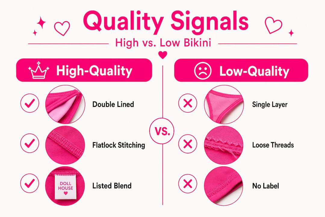Infographic comparing high and low-quality bikinis
