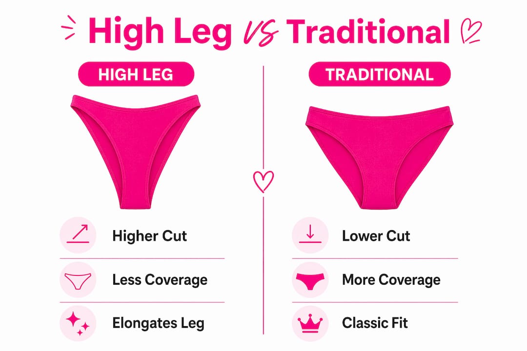Infographic comparing high leg and traditional swimwear