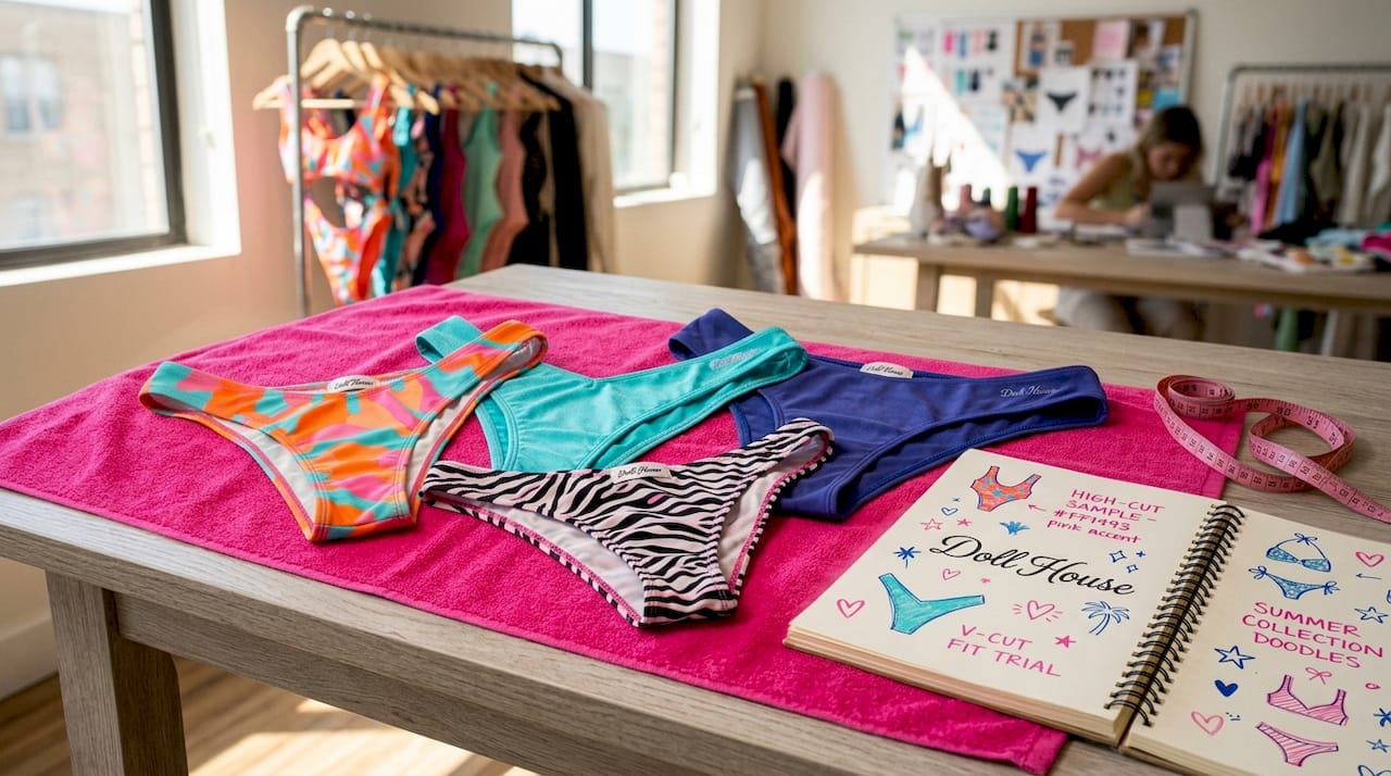 Close-up of bikini leg cut styles on fabric surface