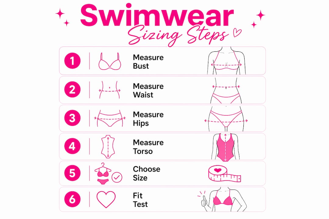 Infographic of swimwear measurement steps and sizing