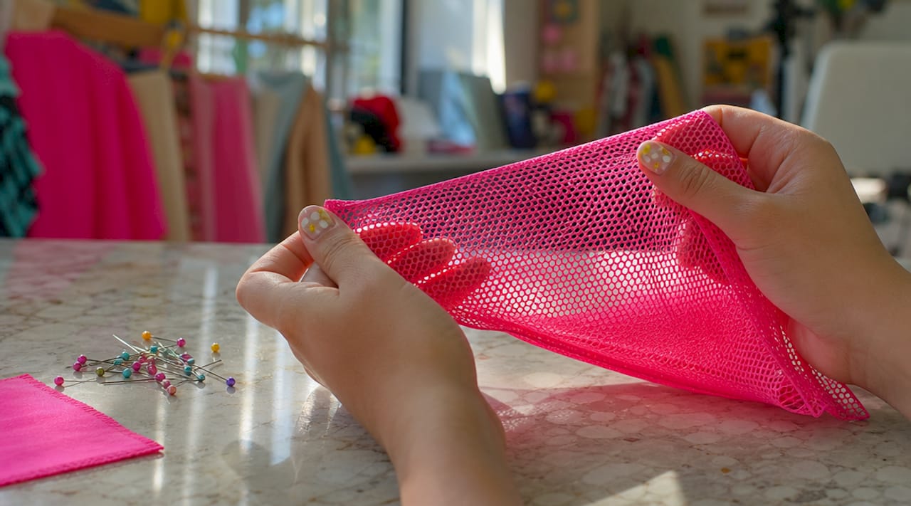 Close-up of hands stretching mesh swimwear fabric