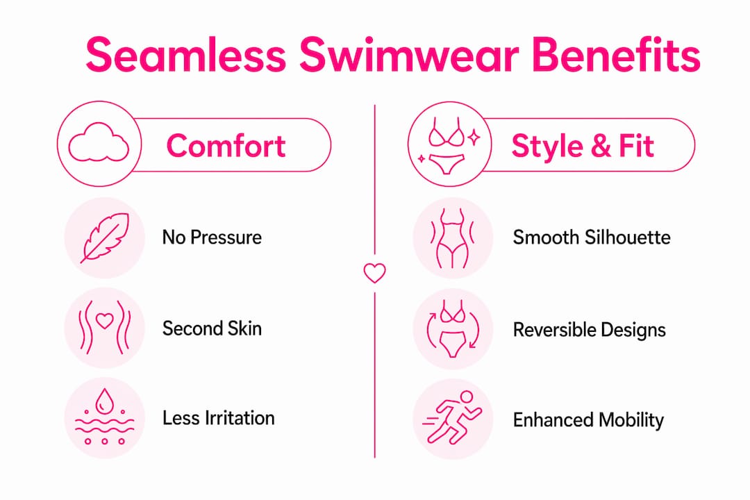 Infographic comparing comfort and style benefits of seamless swimwear