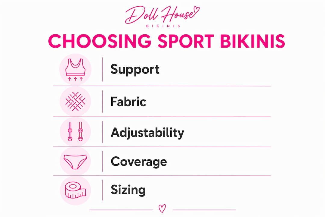 Infographic illustrating 5 steps to choose sport bikinis